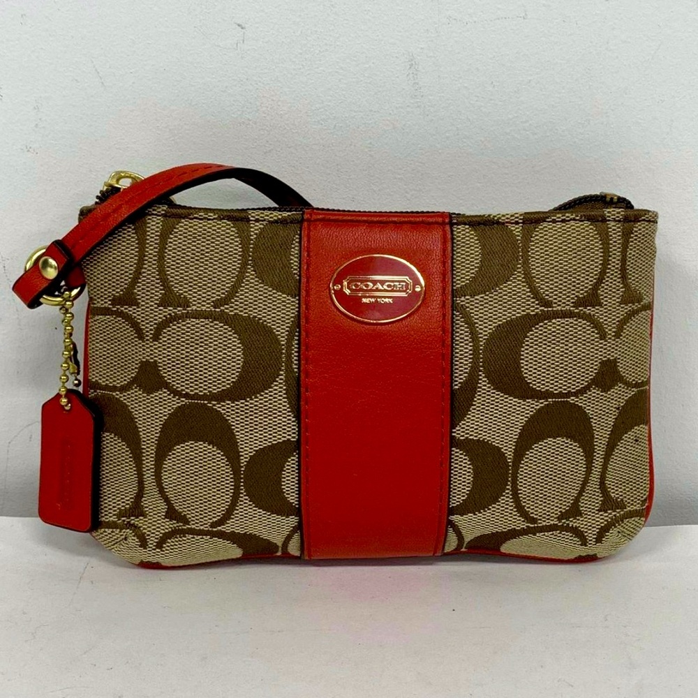 Coach Tan Signature Red Leather Accents Tag Strap